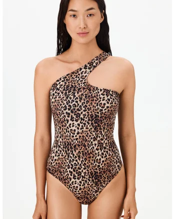 Costum de baie intreg cu model animal print, Negru/Maro deschis
