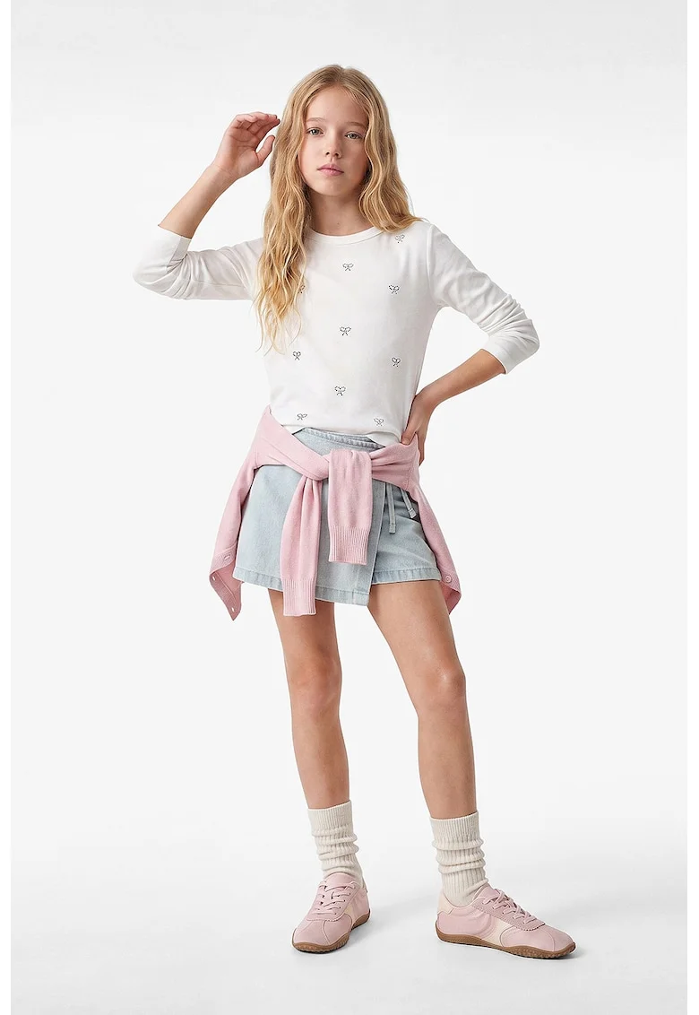 Bluza din amestec de bumbac decorata cu strasuri, Ecru