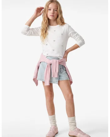 Bluza din amestec de bumbac decorata cu strasuri, Ecru