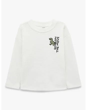 Bluza din bumbac cu imprimeu cu dinozaur, Ecru