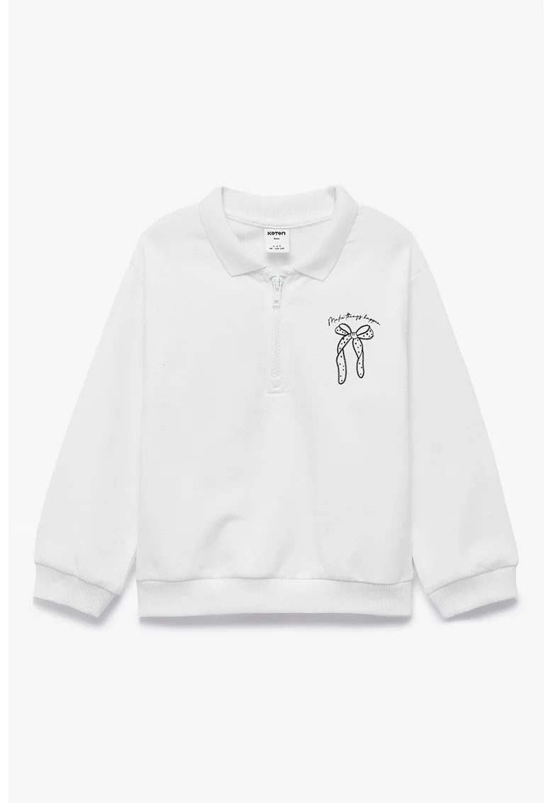 Bluza cu guler polo, fermoar scurt si imprimeu pe partea din spate, Ecru