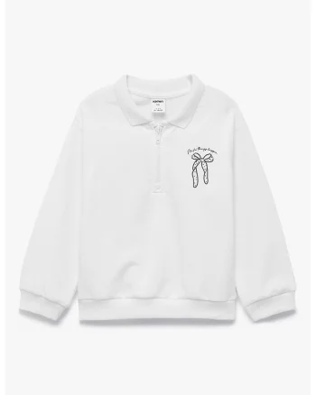 Bluza cu guler polo, fermoar scurt si imprimeu pe partea din spate, Ecru