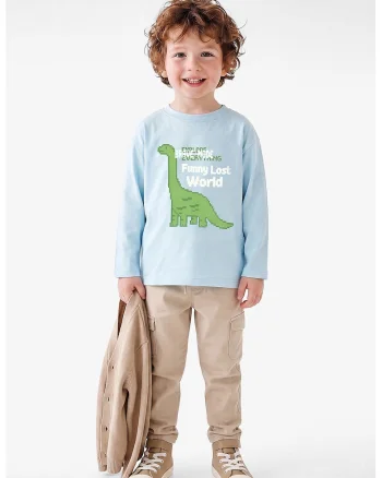Bluza din bumbac cu imprimeu cu dinozaur, Albastru pastel