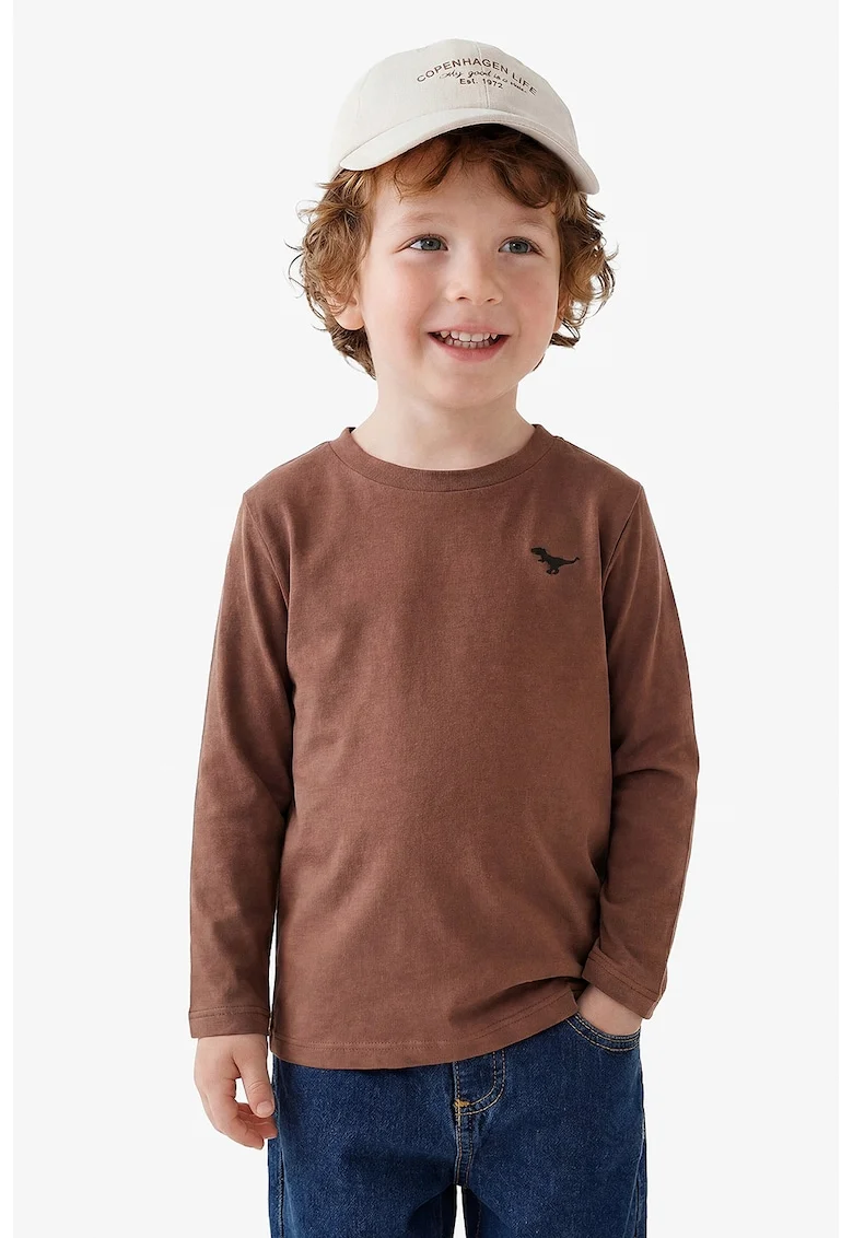 Bluza cu decolteu la baza gatului si imprimeu cu dinozaur, Maro cognac