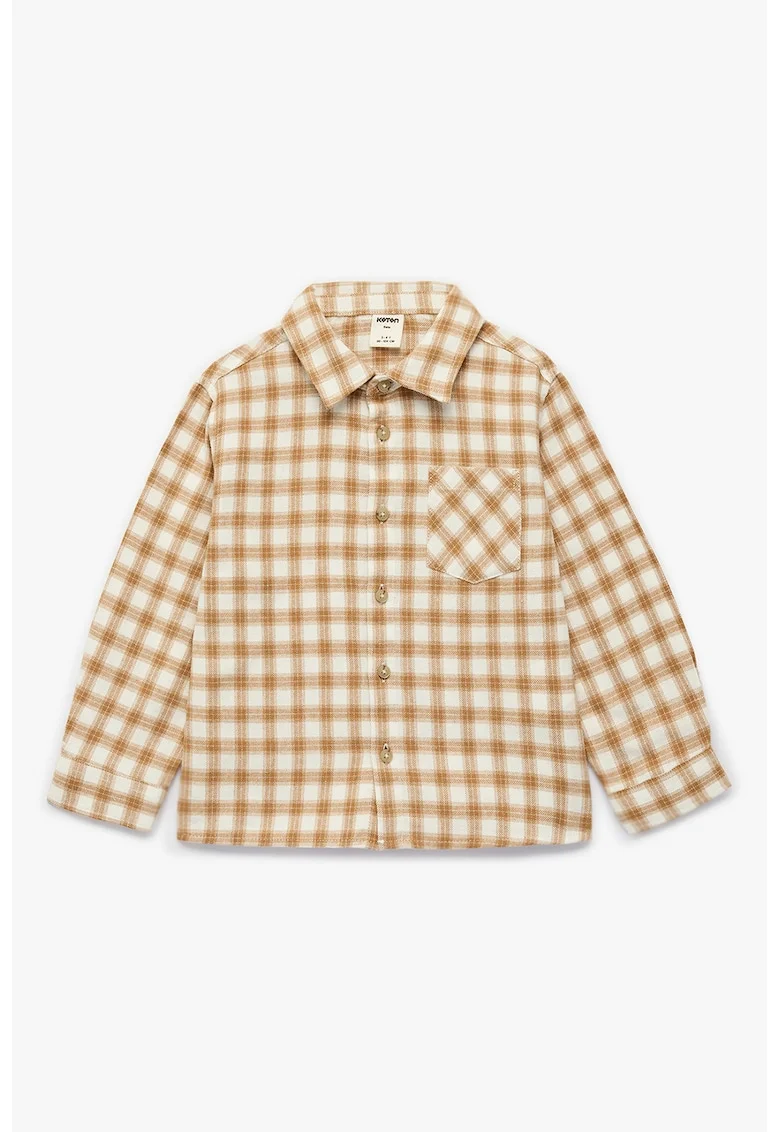 Camasa cu model in carouri si buzunar pe piept, Maro camel/Crem