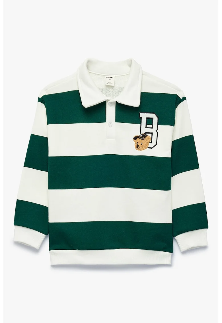 Bluza cu guler polo si model in dungi, Alb/Verde inchis
