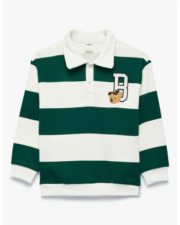 Bluza cu guler polo si model in dungi, Alb/Verde inchis