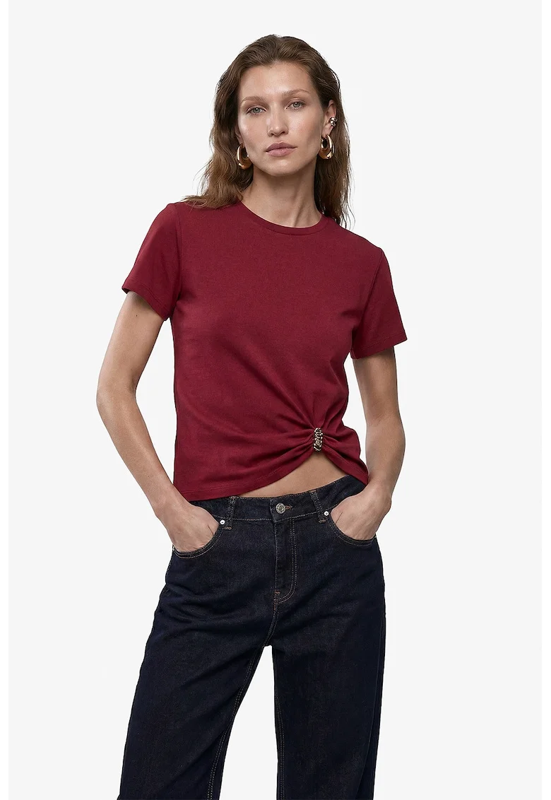 Tricou cu decolteu la baza gatului si detaliu drapat si metalizat, Rosu vintage