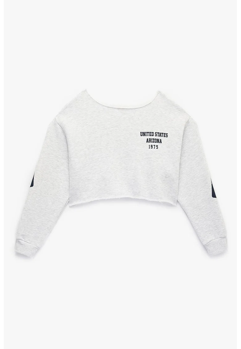Bluza de trening crop supradimensionata cu imprimeu text, Gri deschis melange/Bleumarin