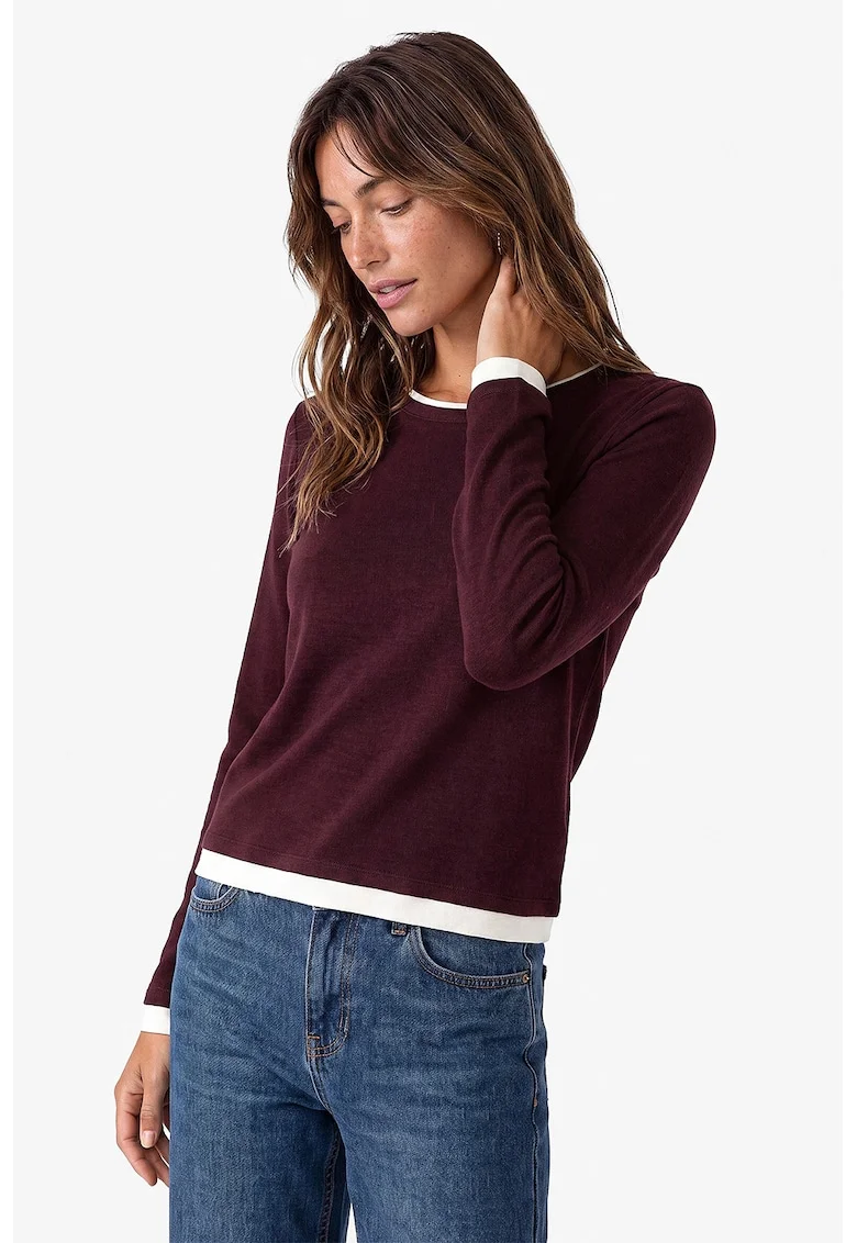 Bluza slim fit cu decolteu la baza gatului, Alb/Violet pruna