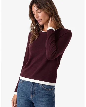 Bluza slim fit cu decolteu la baza gatului, Alb/Violet pruna