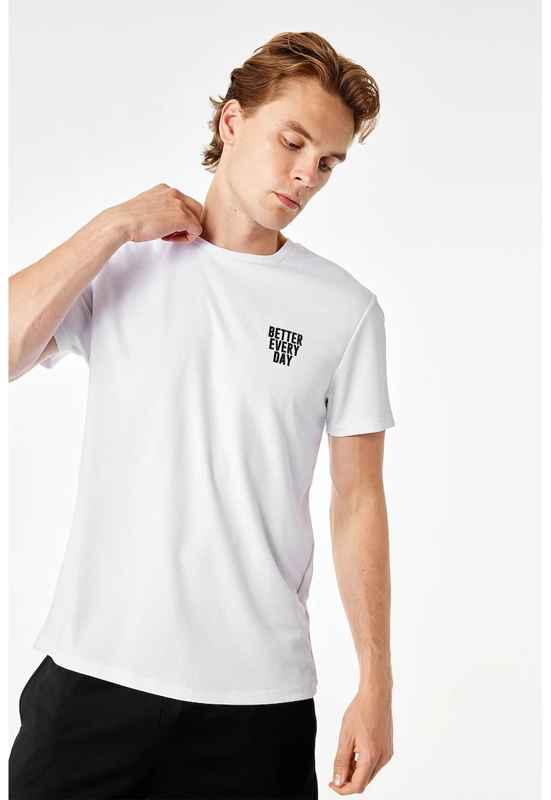 Tricou cu decolteu la baza gatului si imprimeu text, Alb/Negru