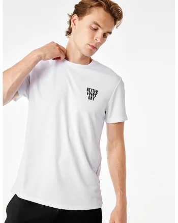 Tricou cu decolteu la baza gatului si imprimeu text, Alb/Negru