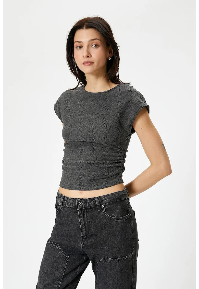 Tricou crop cu detalii cu fronseuri, Gri antracit