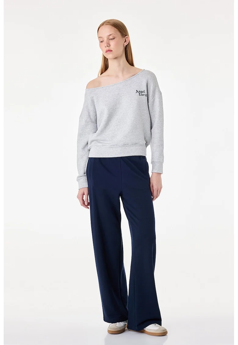 Bluza de trening cu decolteu barcuta si imprimeu pe partea din spate, Gri deschis melange/Bleumarin