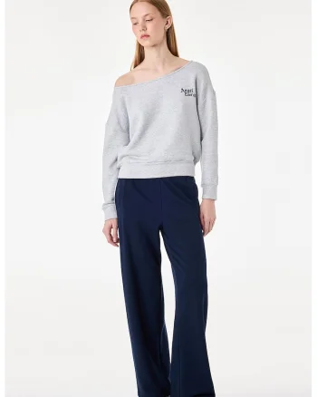 Bluza de trening cu decolteu barcuta si imprimeu pe partea din spate, Gri deschis melange/Bleumarin