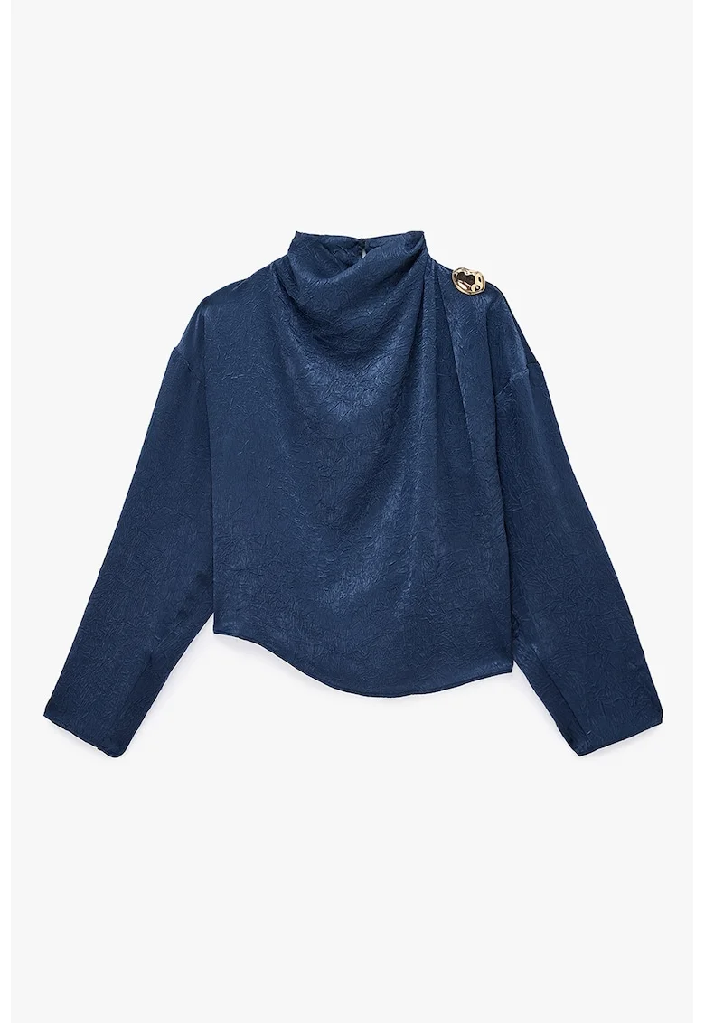 Bluza texturata din satin cu aplicatie metalizata, Bleumarin