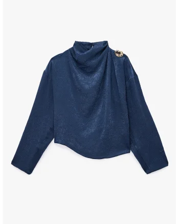 Bluza texturata din satin cu aplicatie metalizata, Bleumarin