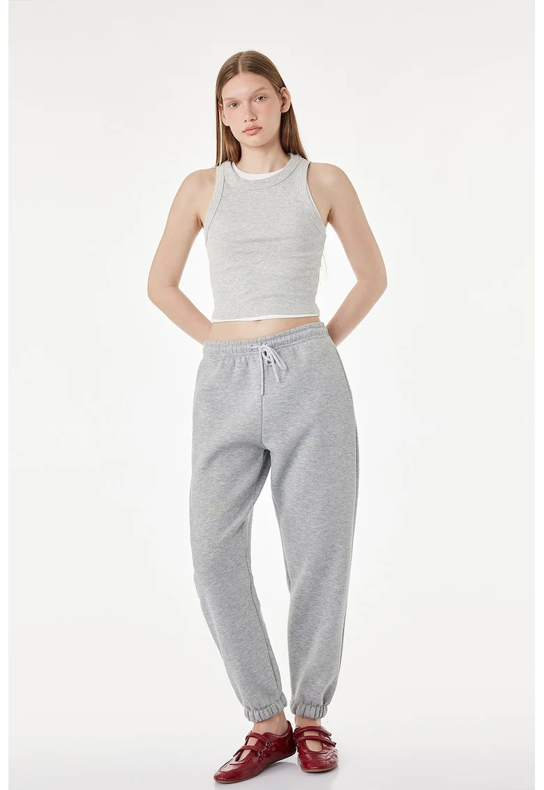 Pantaloni de trening relaxed fit cu insertii stralucitoare, Gri melange