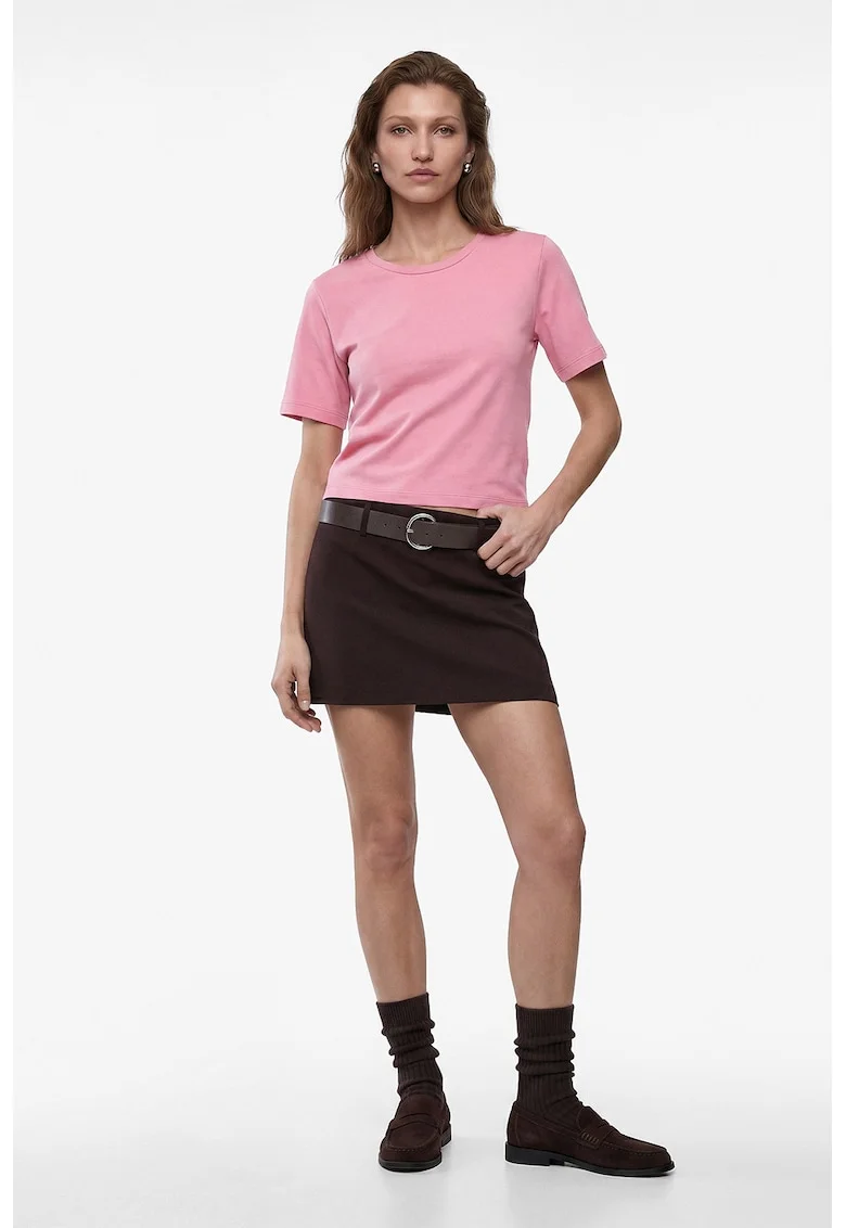 Tricou cu decolteu la baza gatului si model uni, Roz deschis