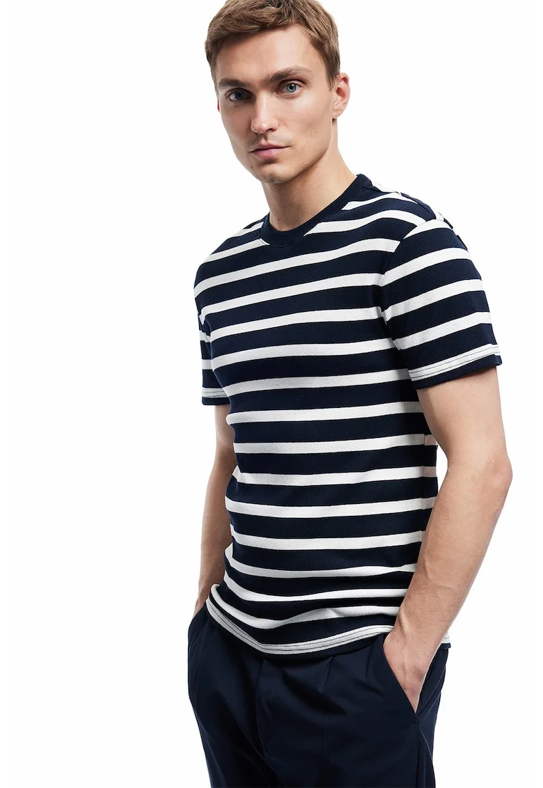 Tricou cu decolteu la baza gatului si model in dungi, Negru/Alb murdar