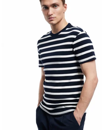Tricou cu decolteu la baza gatului si model in dungi, Negru/Alb murdar