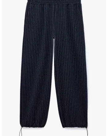 Pantaloni cu model in dungi si terminatii ajustabile, Alb/Bleumarin