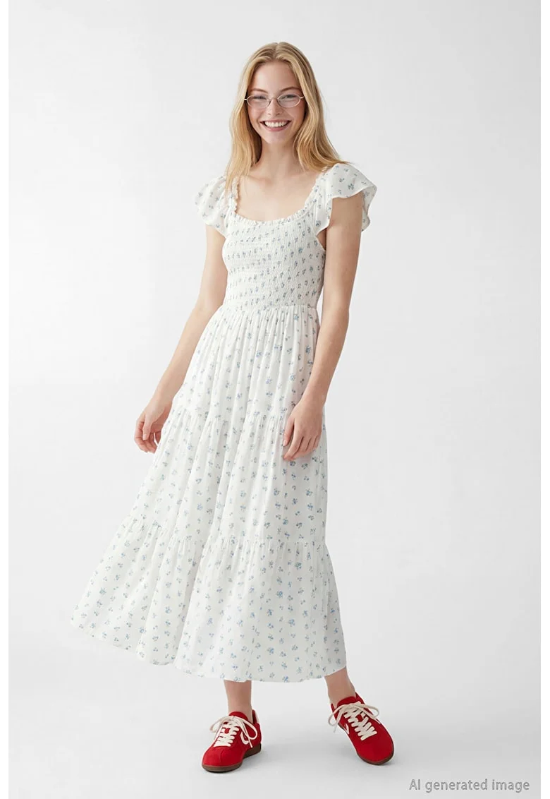 Rochie stratificata cu model floral, Alb murdar/Albastru