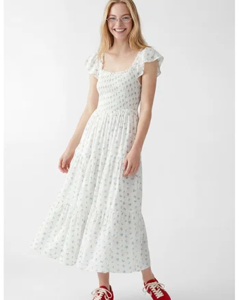 Rochie stratificata cu model floral, Alb murdar/Albastru