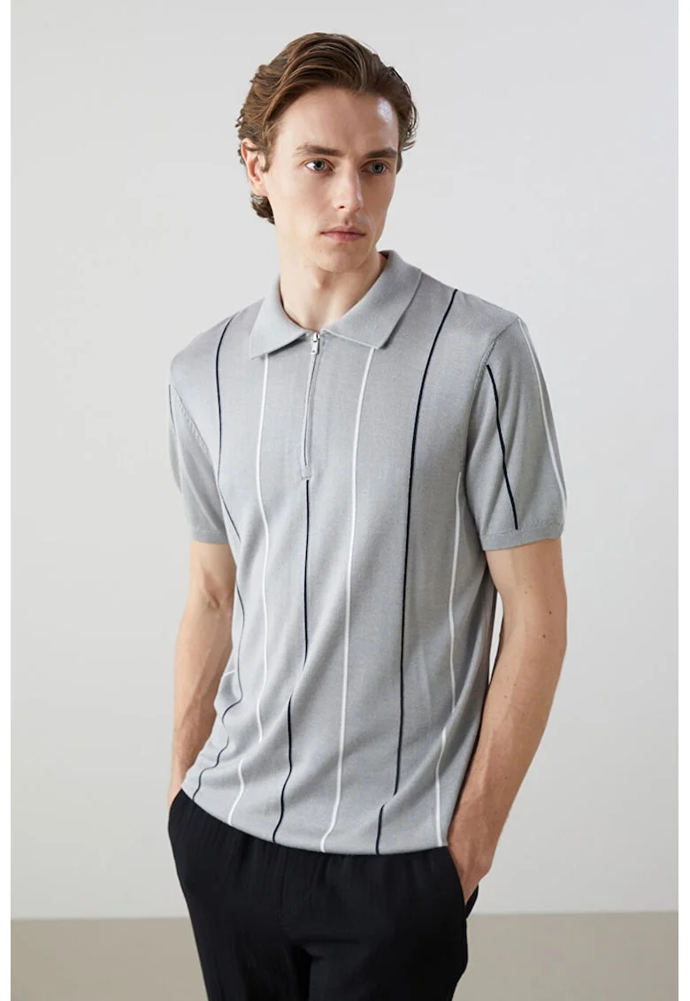 Tricou polo cu dungi, Alb/Negru/Gri