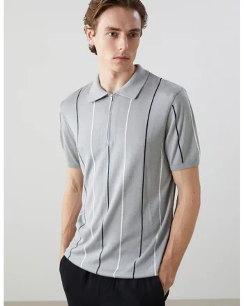 Tricou polo cu dungi, Alb/Negru/Gri