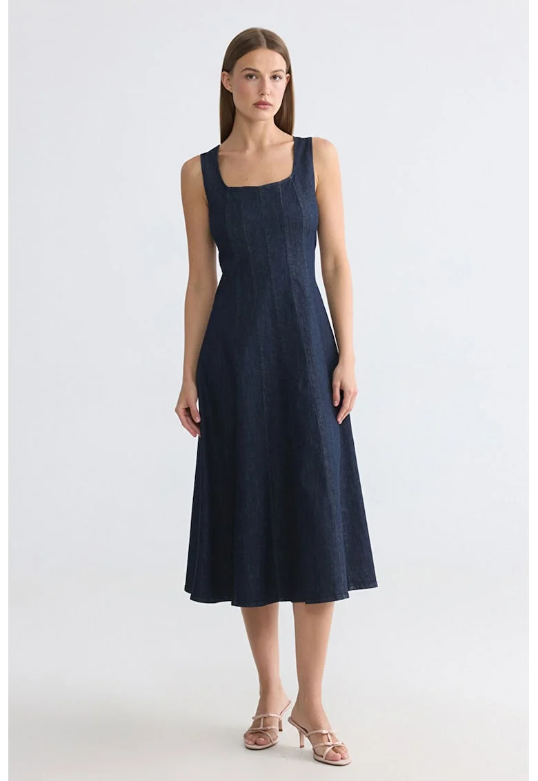 Rochie midi cu decolteu patrat, Albastru ultramarin