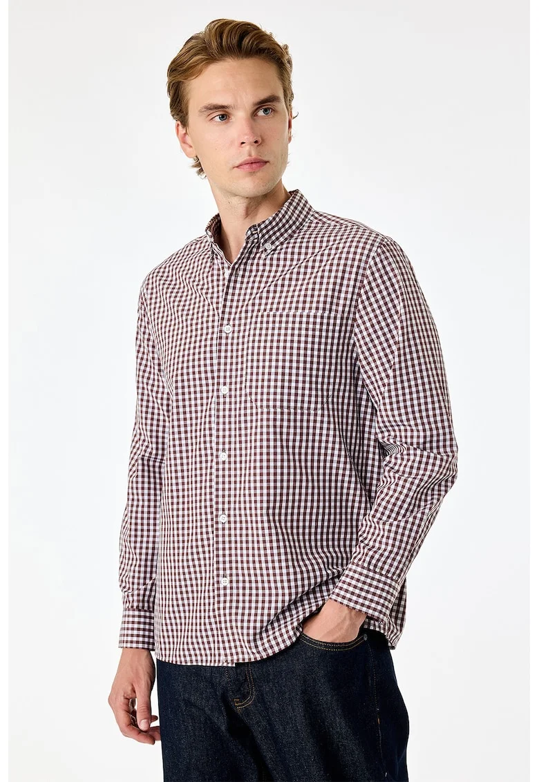 Camasa cu model in carouri si guler clasic, Alb/Maro cognac