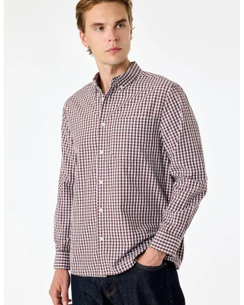 Camasa cu model in carouri si guler clasic, Alb/Maro cognac