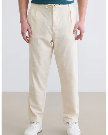 Pantaloni conici din bumbac cu snur, Crem