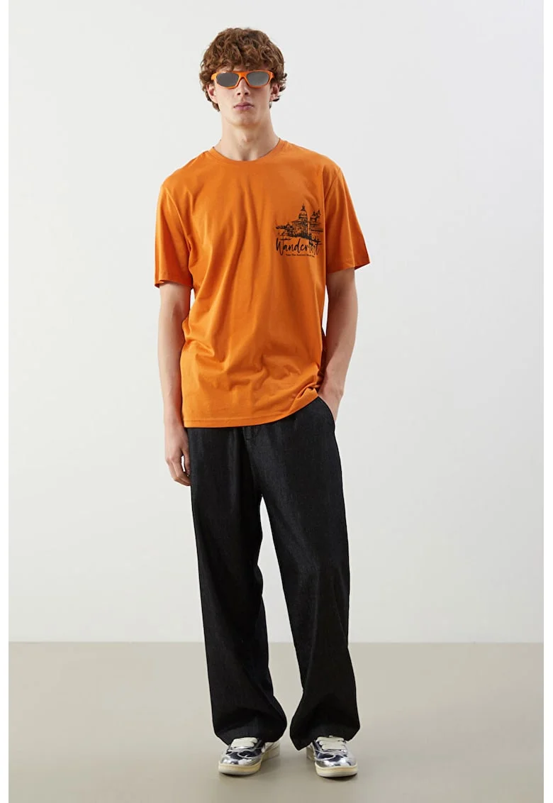 Tricou din bumbac cu imprimeu grafic, Portocaliu mandarina