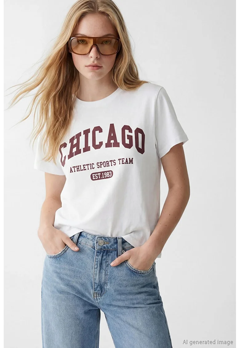 Tricou cu imprimeu text, Alb/Maro