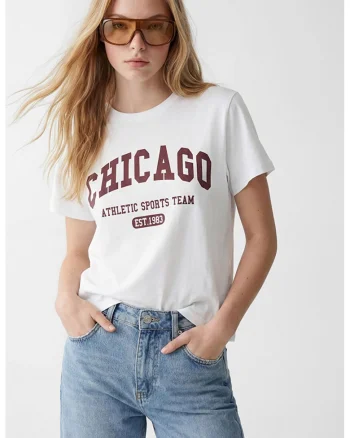 Tricou cu imprimeu text, Alb/Maro