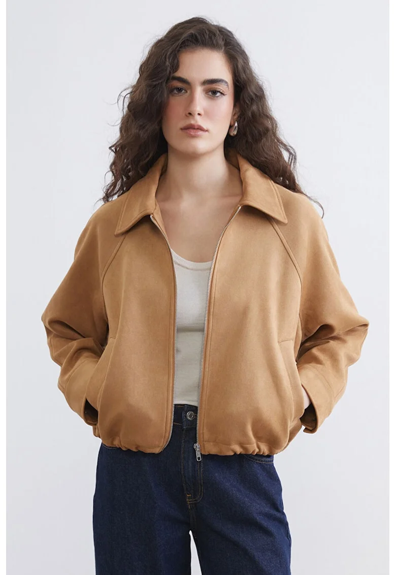 Jacheta crop cu fermoar, Maro camel