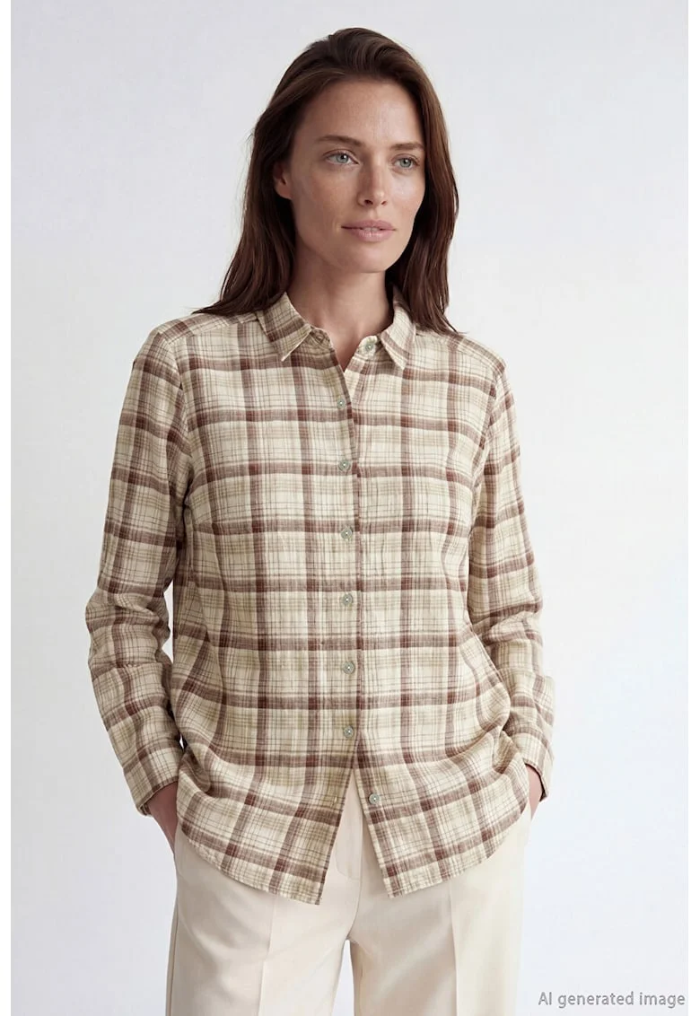 Camasa cu guler clasic si model in carouri, Maro cognac/Crem