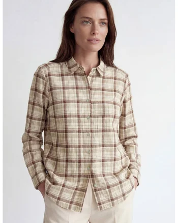 Camasa cu guler clasic si model in carouri, Maro cognac/Crem