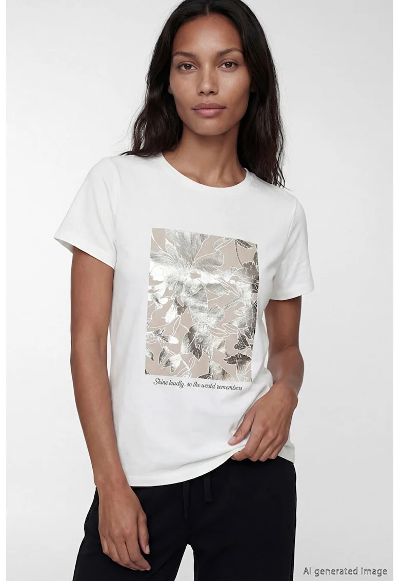 Tricou cu decolteu la baza gatului si imprimeu grafic, Alb/Maro taupe deschis