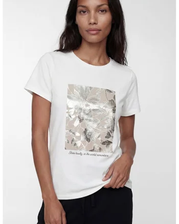 Tricou cu decolteu la baza gatului si imprimeu grafic, Alb/Maro taupe deschis