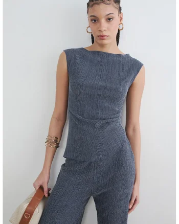 Top extra slim-fit cu croiala asimetrica, Albastru stins