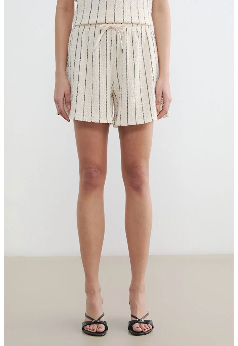 Pantaloni scurti cu snur in talie si dungi, Negru/Crem