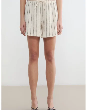 Pantaloni scurti cu snur in talie si dungi, Negru/Crem