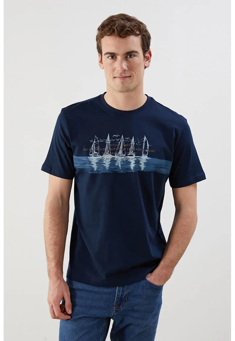 Tricou din bumbac cu imprimeu grafic, Bleumarin