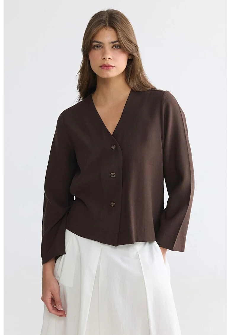 Bluza din amestec de lyocell si decolteu in V, Maro inchis