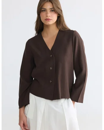Bluza din amestec de lyocell si decolteu in V, Maro inchis