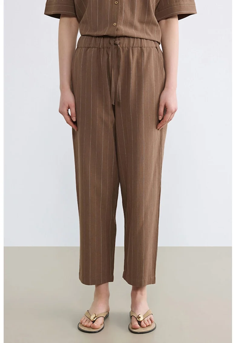 Pantaloni conici din amestec de in si bumbac, Maro Siena